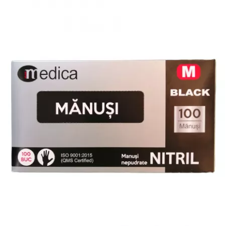 Manusi nepudrate din nitril pentru examinare, Marimea M, negre, 100 bucati, Medica