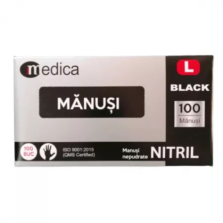 Manusi nepudrate din nitril pentru examinare, Marimea L, negre, 100 bucati, Medica