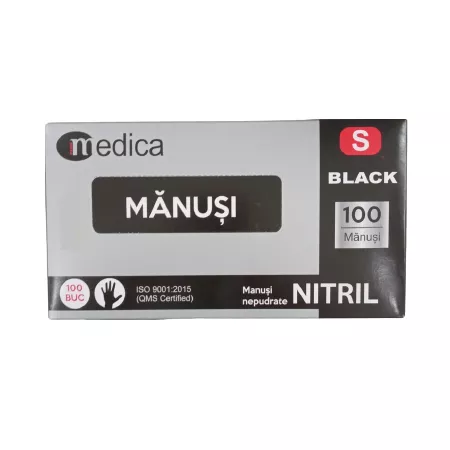 Manusi nepudrate din nitril pentru examinare, Marimea S, negre, 100 bucati, Medica