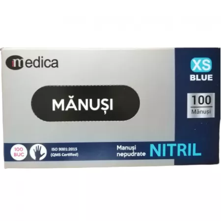 Manusi nepudrate din nitril pentru examinare, Marimea XS, albastre, 100 bucati, Medica