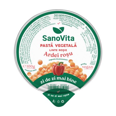 Pasta vegetala tartinabila din linte rosie cu ardei rosu, 100 g, Sanovita