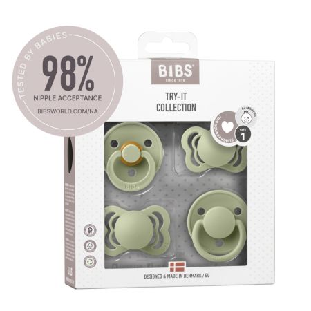 Set 4 suzete diferite din silicon si latex Try-it Collection, 0 luni+, Sage, 4 bucati, Bibs 592377