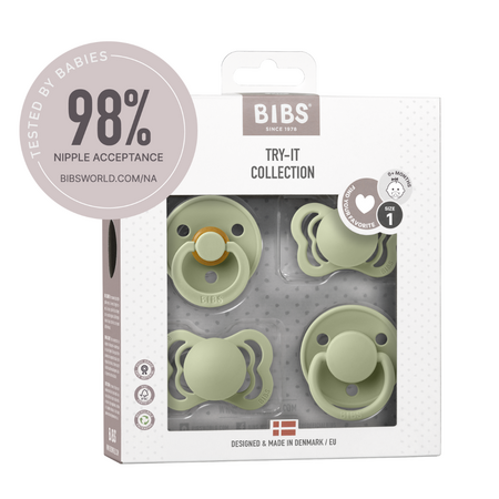 Set 4 suzete diferite din silicon si latex Try-it Collection, 0 luni+, Sage, 4 bucati, Bibs 592377