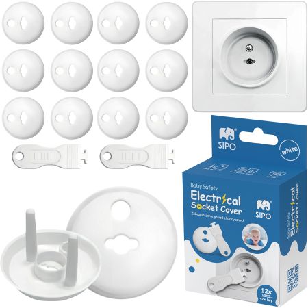 Set 12 capace de protectie pentru prize cu doua cheite, Alb, Sipo 614639