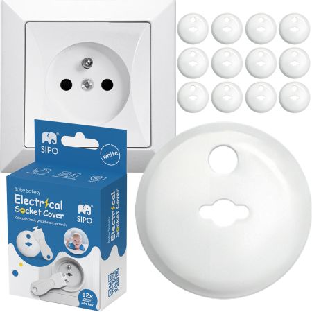 Set 12 capace de protectie pentru prize cu doua cheite, Alb, Sipo 614640