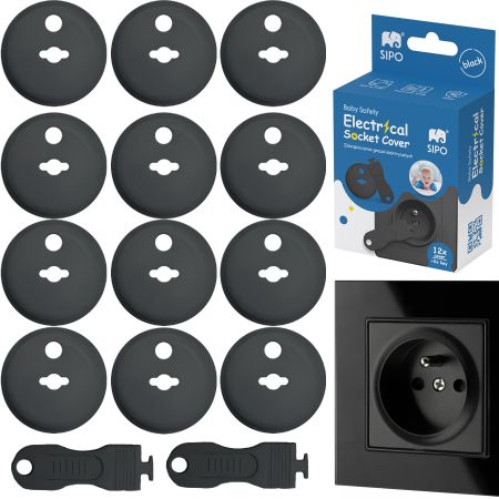Set 12 capace de protectie pentru prize cu doua cheite, Negru, Sipo 614529