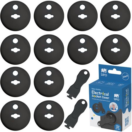 Set 12 capace de protectie pentru prize cu doua cheite, Negru, Sipo 614531