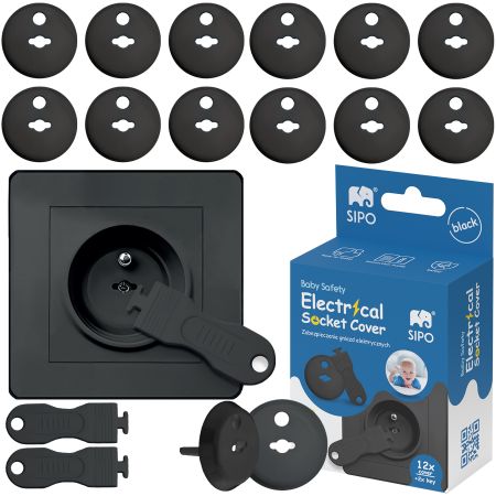 Set 12 capace de protectie pentru prize cu doua cheite, Negru, Sipo 614532