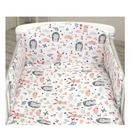 AMY SET LENJERIE DIN BUMBAC, 3 PIESE, CU PROTECTIE LATERALA, PENTRU PAT BEBELUSI 120 X 60 CM, IEPURAS ROZ