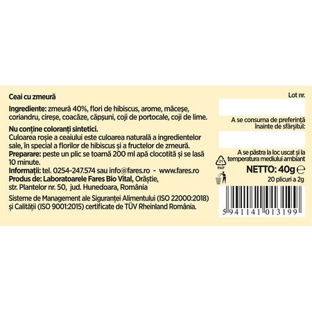 Ceai cu zmeura 40%, 20 plicuri, Fares 722234