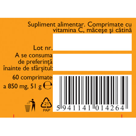 Vitamina C 200 mg cu Macese si Catina, 60 comprimate masticabile, Fares 722608