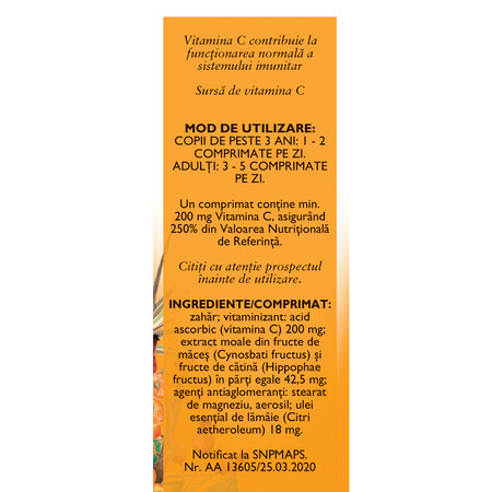 Vitamina C 200 mg cu Macese si Catina, 60 comprimate masticabile, Fares 722606
