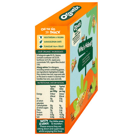 Cubulete ecologice moi din ovaz integral si stafide Flapjack, +12 luni, 12 luni+, 4x12g, Organix 822964