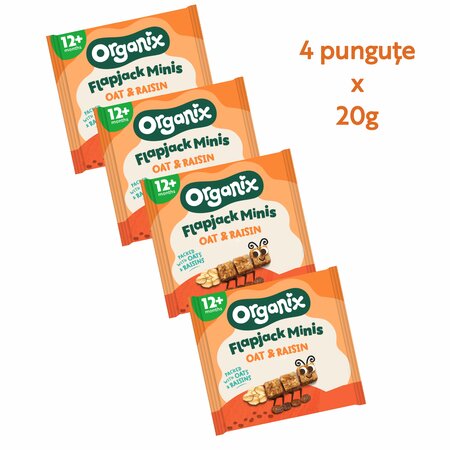 Cubulete ecologice moi din ovaz integral si stafide Flapjack, +12 luni, 12 luni+, 4x12g, Organix 822965