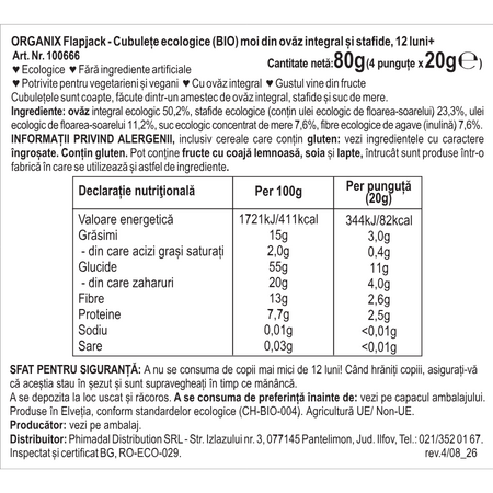 Cubulete ecologice moi din ovaz integral si stafide Flapjack, +12 luni, 12 luni+, 4x12g, Organix 822976