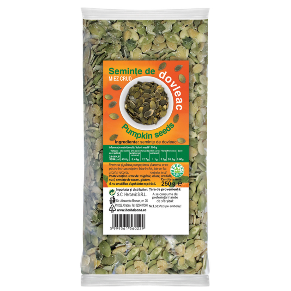 Seminte de dovleac Miez Crud, 250 g, Herbal Sana