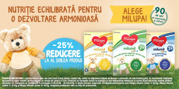 Promotie cu 25% reducere la al doilea produs Milumil