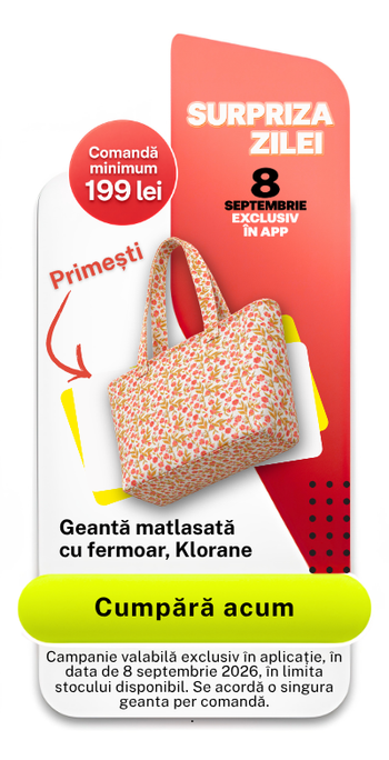 Cumpără produse în valoare de minimum 199 lei și primești o geanta Klorane.  Campanie valabilă exclusiv în aplicație, în data de 8 septembrie 2026, în limita stocului disponibil. Se acordă o singura geanta per comandă.