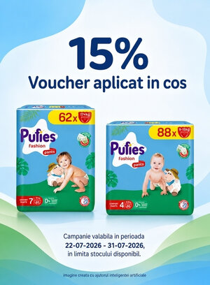 Promotie cu 15% voucher aplicat in cos la Pufies
