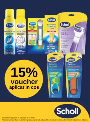 Promotie cu 15% voucher aplicat in cos la Scholl, Posclin si Wortie Spray