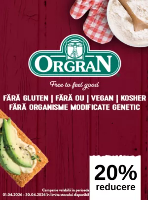 Promotie cu 20% reducere la Orgran Paine Uscata cu sfleca si rosii si Faina cu praf de copt fara gluten