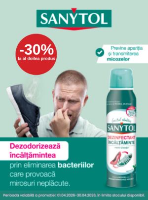 Promotie cu 30% reducere la al doilea produs identic Sanytol Spray dezinfectant incaltaminte
