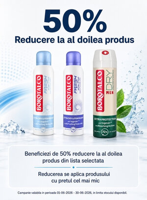 Promotie cu 50% reducere la al doilea produs Borotalco