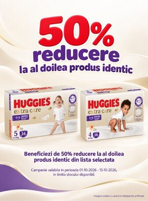 Promotie cu 50% reducere la al doilea produs identic Huggies