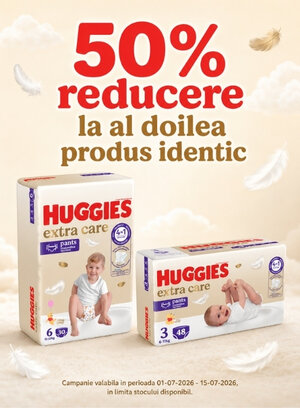 Promotie cu 50% reducere la al doilea produs identic Huggies