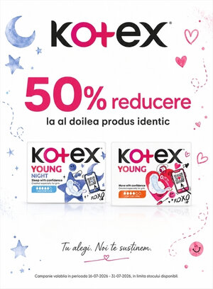 Promotie cu 50% reducere la al doilea produs identic Kotex