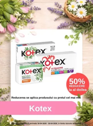 Promotie cu 50% reducere la al doilea produs Kotex