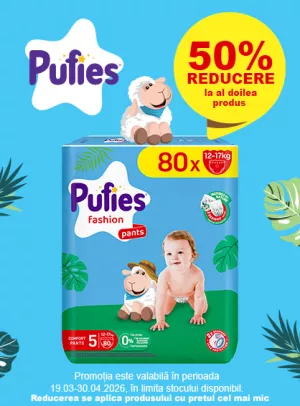 Promotie cu 50% reducere la al doilea produs Pufies