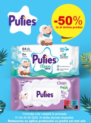 Promotie cu 50% reducere la al doilea produs Pufies