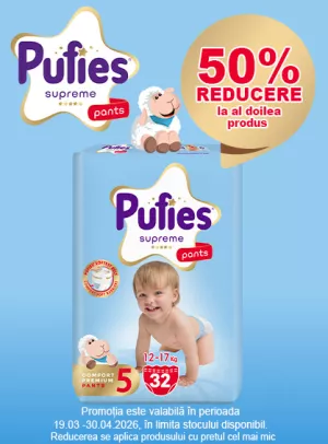 Promotie cu 50% reducere la al doilea produs Pufies