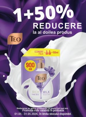 Promotie cu 50% reducere la al doilea produs Teo
