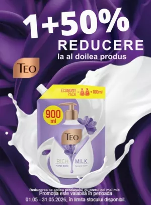 Promotie cu 50% reducere la al doilea produs Teo