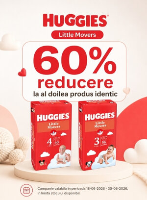 Promotie cu 60% reducere la al doilea produs identic Huggies