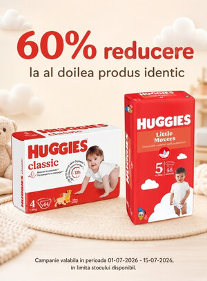 Promotie cu 60% reducere la al doilea produs identic Huggies