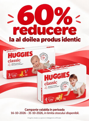 Promotie cu 60% reducere la al doilea produs identic Huggies