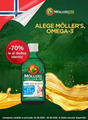 Promotie cu 70% reducere la al doilea produs IDENTIC la Moller's Cod Liver Oil Pure Mom & Baby
