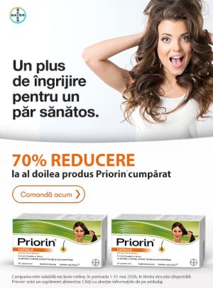 Promotie cu 70% reducere la al doilea produs Priorin cu Biotina Bayer