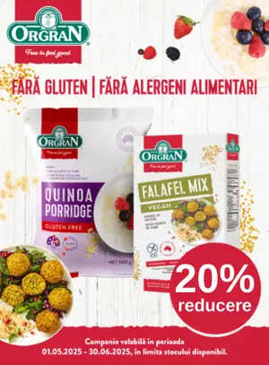 Promotie cu reducere 20% la Orgran terci si falafel
