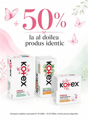 Promotie cu reducere 50% la al doilea produs identic Kotex