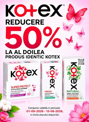 Promotie cu reducere 50% la al doilea produs identic Kotex