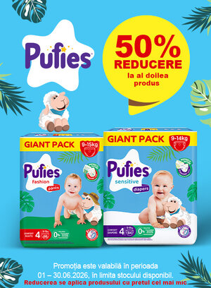 Promotie cu reducere 50% la al doilea produs Pufies