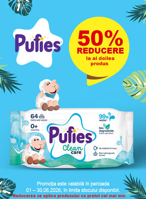 Promotie cu reducere 50% la al doilea produs Pufies