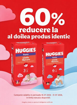 Promotie cu reducere 60% la al doilea produs Huggies identic