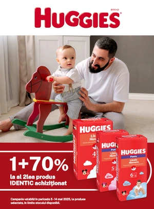 Promotie cu reducere 70% la al doilea produs identic Huggies