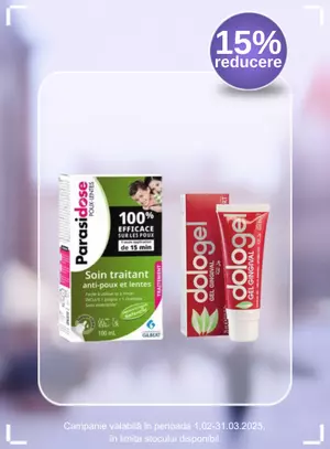 Promotie cu reducere de 15% la Parasidose, Aphtaplus si Dologel