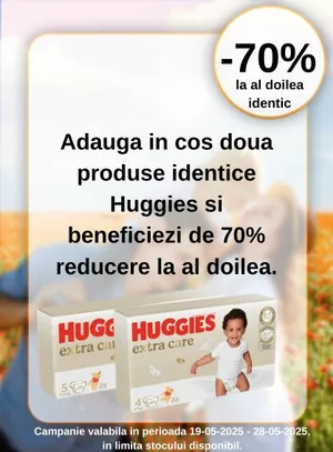Promotie reducere 70% la al doilea produs identic Huggies